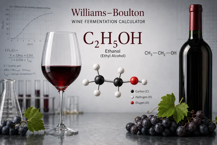Illustration of C₂H₅OH with a wine glass, red wine bottle, and chemistry motif